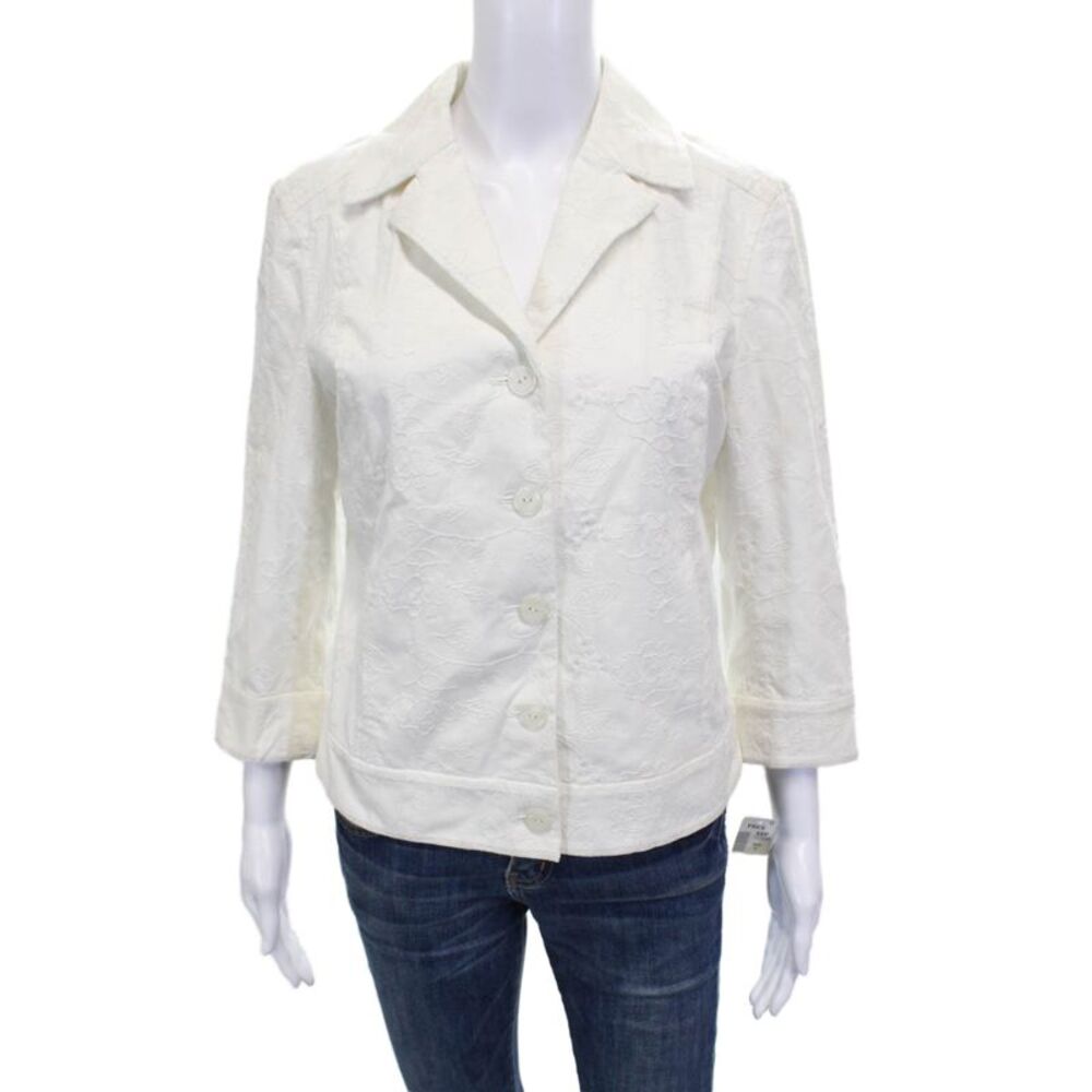 Spanner Womens Basic Jacket White Floral Button 3/4 Sleeve Spandex Size 8